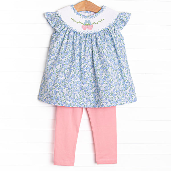 Strawberry Bliss Smocked Legging Set, Blue