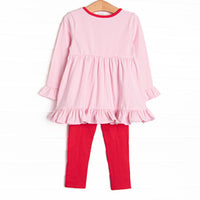 Heart Strings Applique Legging Set, Red and Pink Stripe