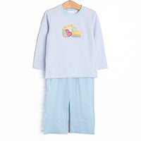  This set features a blue striped print, an excavator applique, and blue pants to match. 