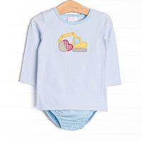  This set features a blue striped print, an excavator applique, and blue bloomer diaper cover to match. 