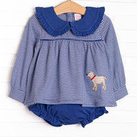 This set features a blue striped print, a blue ruffle collar, and a puppy applique. Coordinating blue diaper cover to match.
