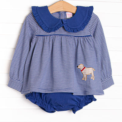 This set features a blue striped print, a blue ruffle collar, and a puppy applique. Coordinating blue diaper cover to match.