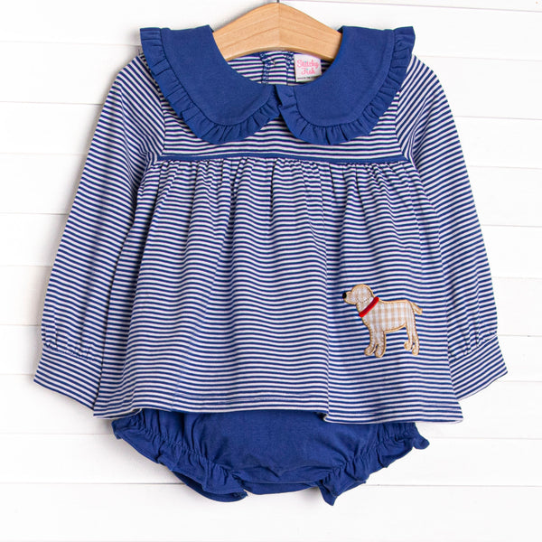 This set features a blue striped print, a blue ruffle collar, and a puppy applique. Coordinating blue diaper cover to match.