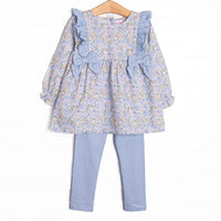  This set features a long sleeve top with blue side ties, and matching blue leggings. 