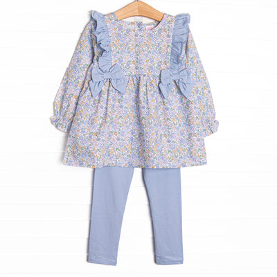  This set features a long sleeve top with blue side ties, and matching blue leggings. 