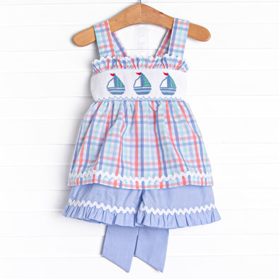 Land Ho! Smocked Ruffle Short Set, Blue