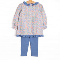 Drenched in Dahlias Embroidered Legging Set, Blue