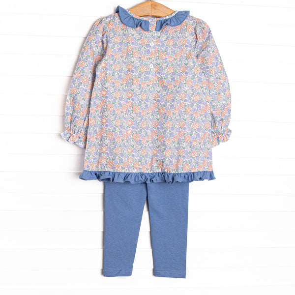 Drenched in Dahlias Embroidered Legging Set, Blue