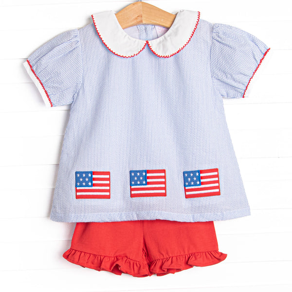 Stars and Stripes Applique Ruffle Short Set, Blue