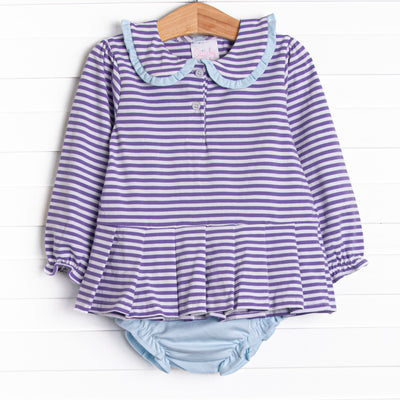 Margaret Long Sleeve Collared Diaper Set, Light Blue and Purple Stripe