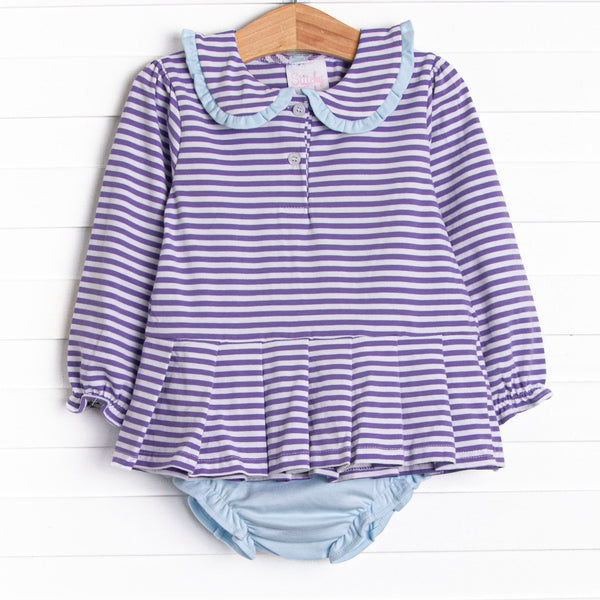 Margaret Long Sleeve Collared Diaper Set, Light Blue and Purple Stripe