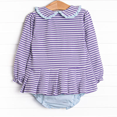 Margaret Long Sleeve Collared Diaper Set, Light Blue and Purple Stripe