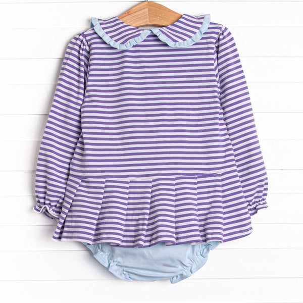 Margaret Long Sleeve Collared Diaper Set, Light Blue and Purple Stripe