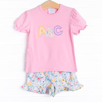 ABC Applique Ruffle Short Set, Pink