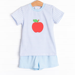 An Apple a Day Applique Short Set, Blue Stripe