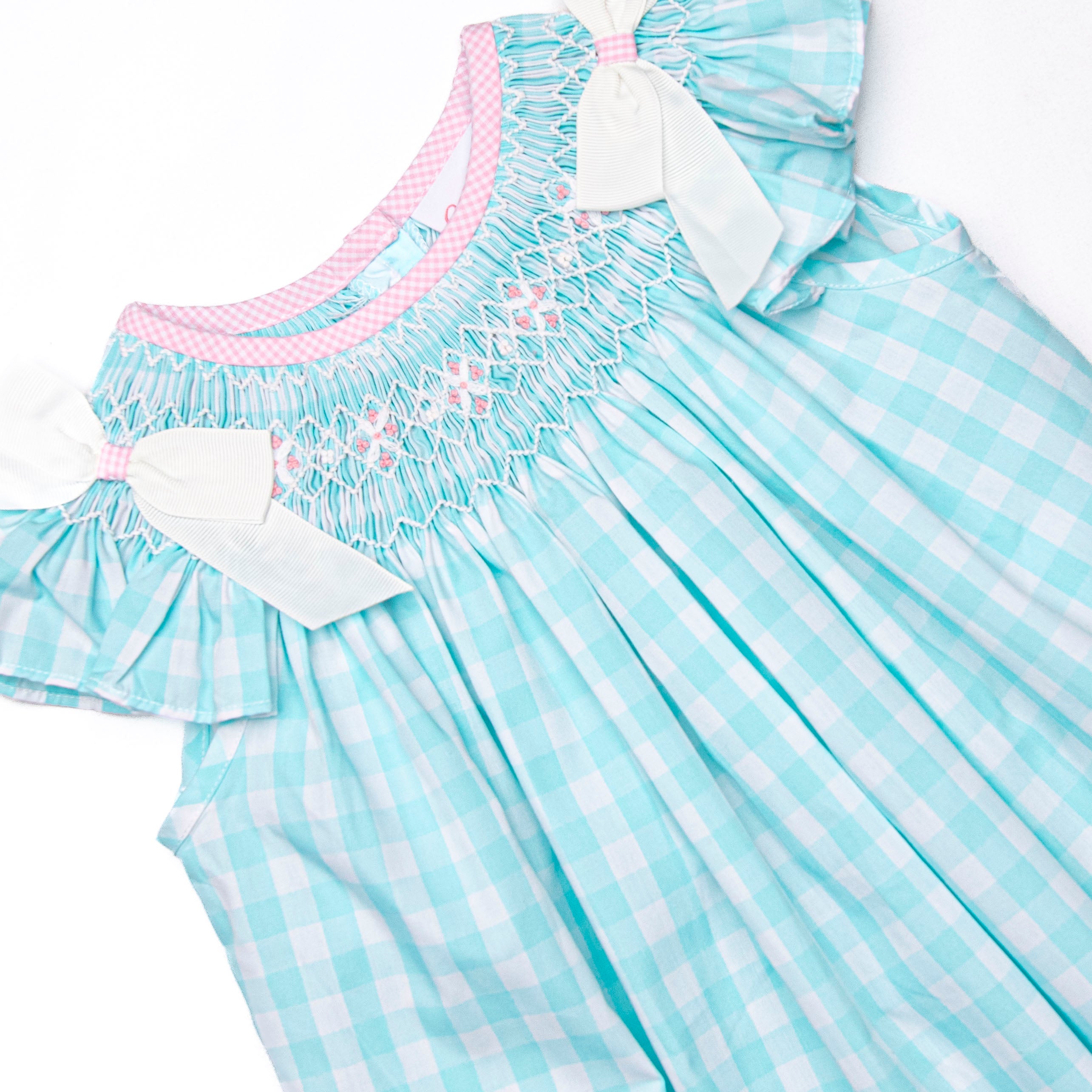 Girl's Traditional Teal Smocked Bishop Dress in Green size 18M | Stitchy Fish Girl's Traditional Teal Smocked Bishop Dress in Green size 18M | Stitchy Fish
