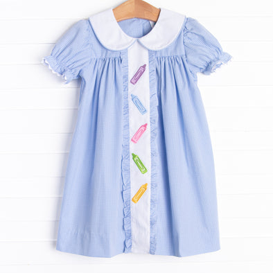 Crayon Cutie Embroidered Dress, Blue
