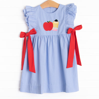 Back to School Applique Side Tie Dress, Blue Gingham – Stitchy Fish