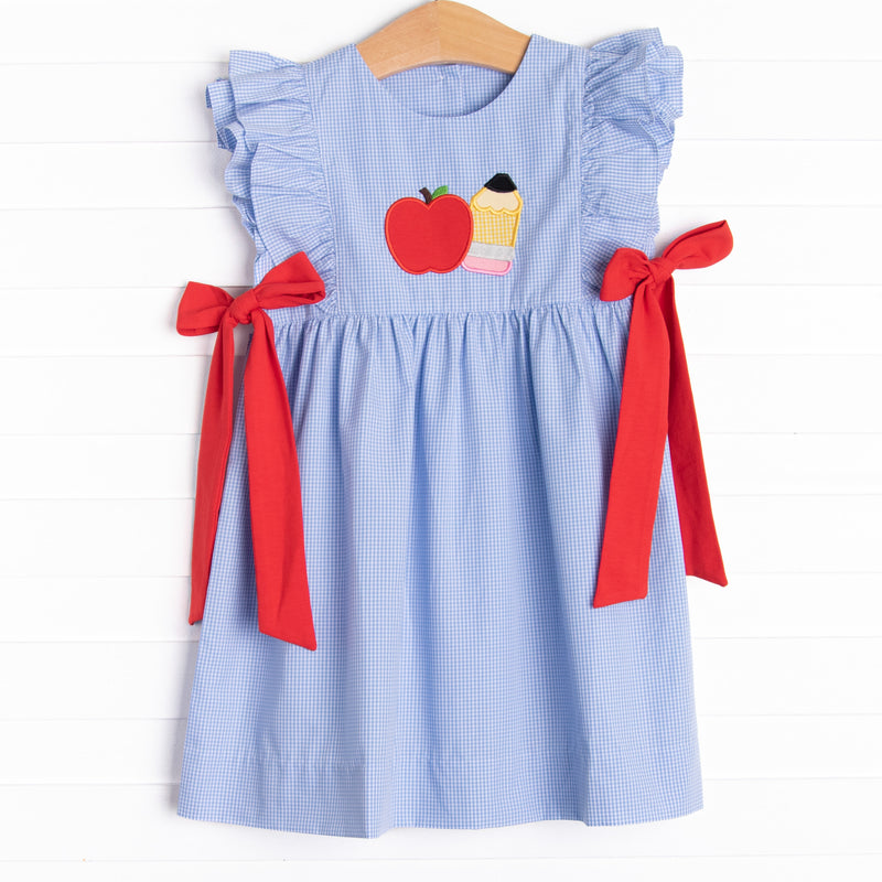 Back to School Applique Side Tie Dress, Blue Gingham – Stitchy Fish Back to School Applique Side Tie Dress, Blue Gingham – Stitchy Fish