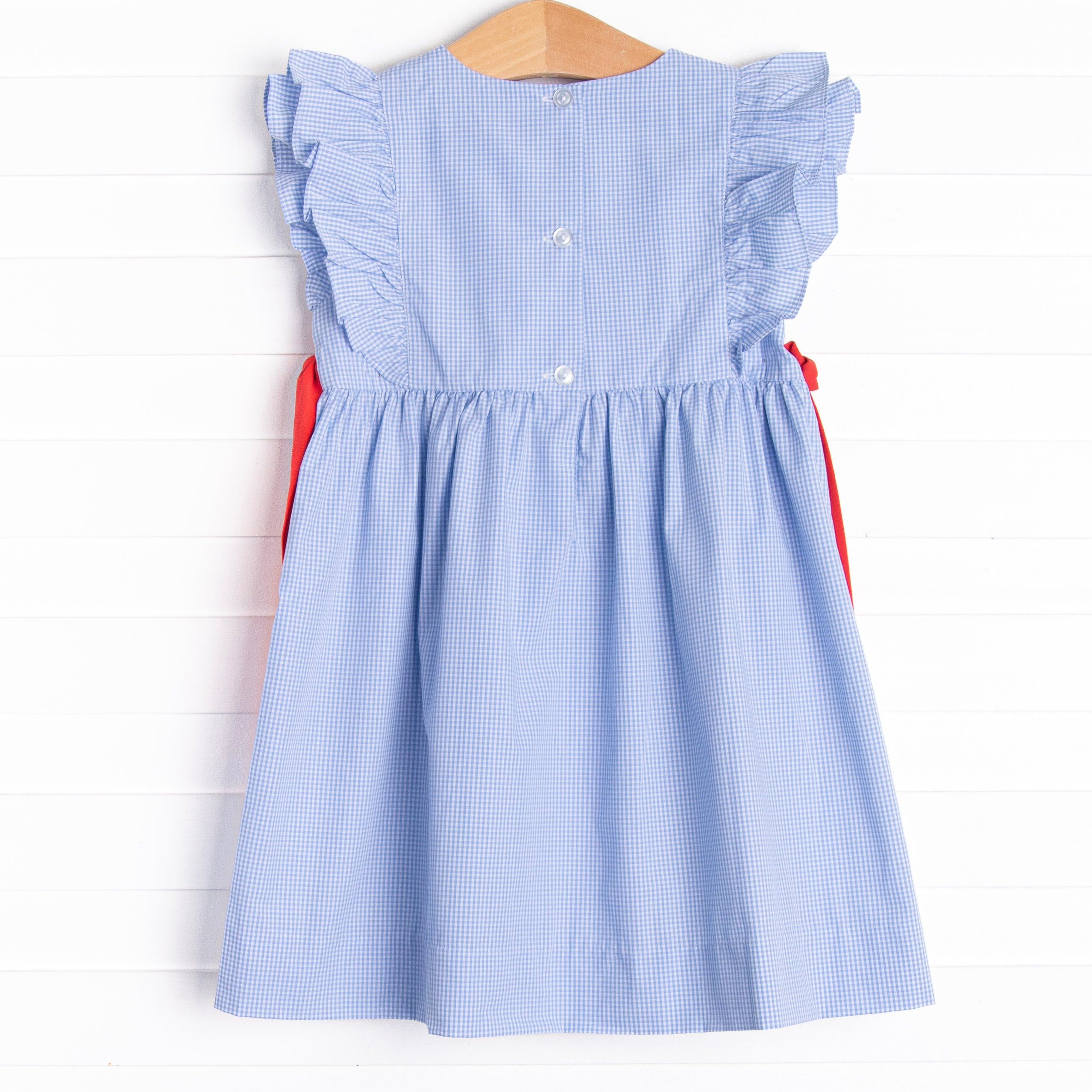 Back to School Applique Side Tie Dress Blue Gingham Stitchy Fish
