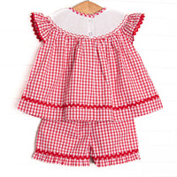Main Street Classic Smocked Ruffle Short Set, Red