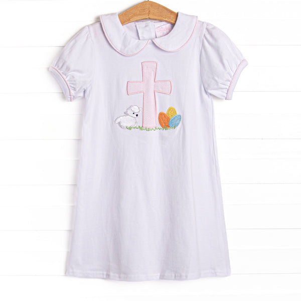 Sunday Gathering Applique Dress, White