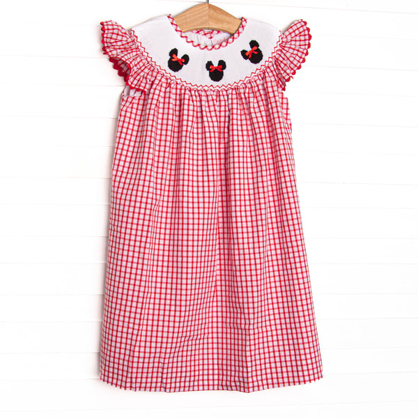  This dress features red windowpane fabric, mouse trio&nbsp; smocking, flutter sleeves, and red ric rac trim. 