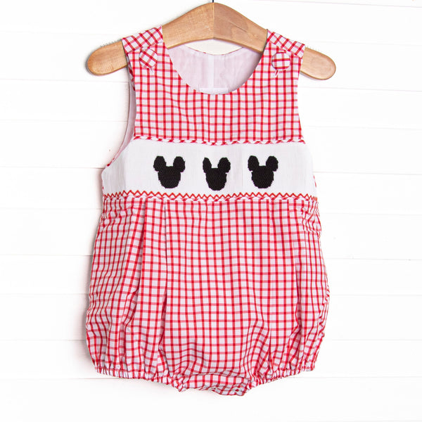  This bubble features red windowpane fabric, mouse trio&nbsp; smocking, fabric covered buttons, and red ric rac trim. 