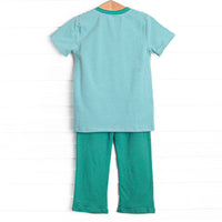 Tucker Short Sleeve Pant Set, Teal Stripe