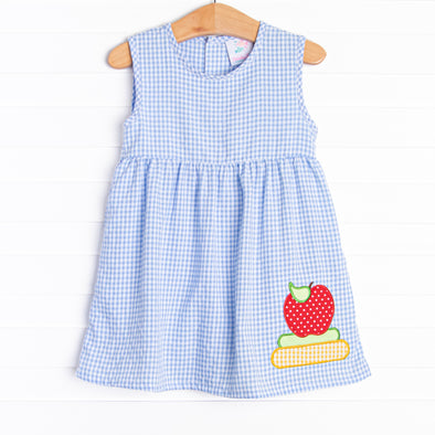 School Days Applique Dress, Blue Check