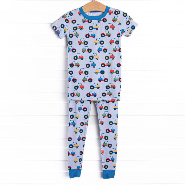 Tractor Trails Bamboo Pajama Short Sleeve Set, Blue