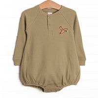  This bubble features a sage green waffle knit material, front buttons, and a mallard embroidery. 
