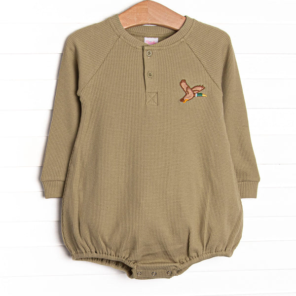  This bubble features a sage green waffle knit material, front buttons, and a mallard embroidery. 