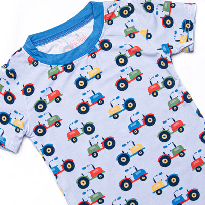 Tractor Trails Bamboo Pajama Short Sleeve Set, Blue