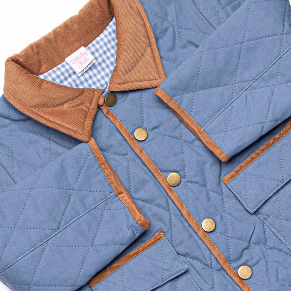 Corduroy Collar Quilted Coat, Denim Blue
