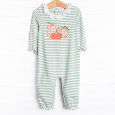 Patterned Pumpkins Applique Ruffle Romper, Green