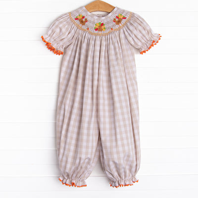 Thanksgiving Tradition Smocked Romper, Tan