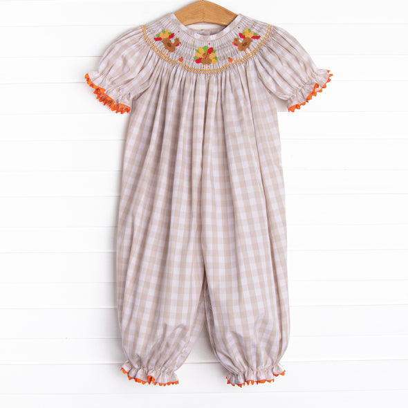 Thanksgiving Tradition Smocked Romper, Tan