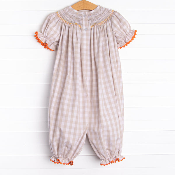 Thanksgiving Tradition Smocked Romper, Tan