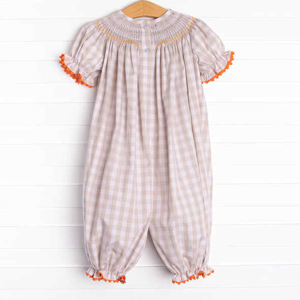 Thanksgiving Tradition Smocked Romper, Tan