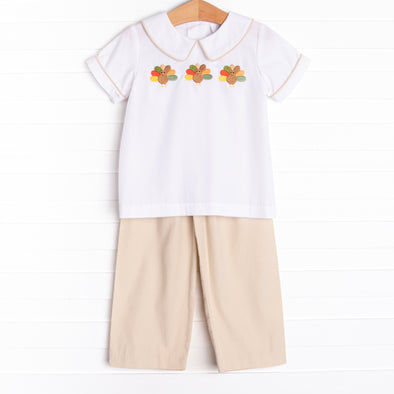 Turkey Trot Embroidered Pant Set, Tan