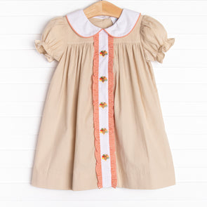 Turkey Trot Embroidered Dress, Tan