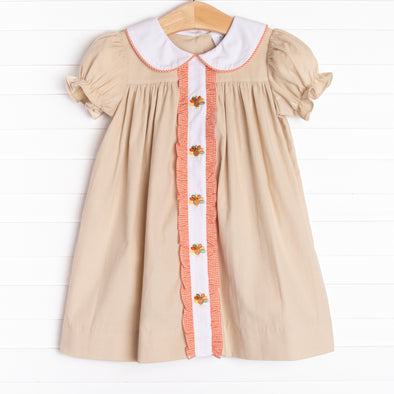 Turkey Trot Embroidered Dress, Tan