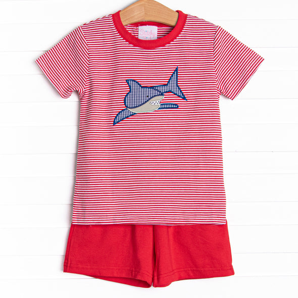 Shark Swarm Applique Short Set, Red