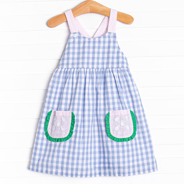 You Grow Girl Applique Pocket Dress, Blue