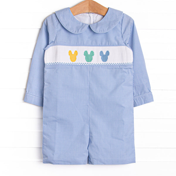 Multicolored Mouse Smocked Short Romper, Blue Gingham