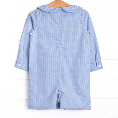 Multicolored Mouse Smocked Short Romper, Blue Gingham