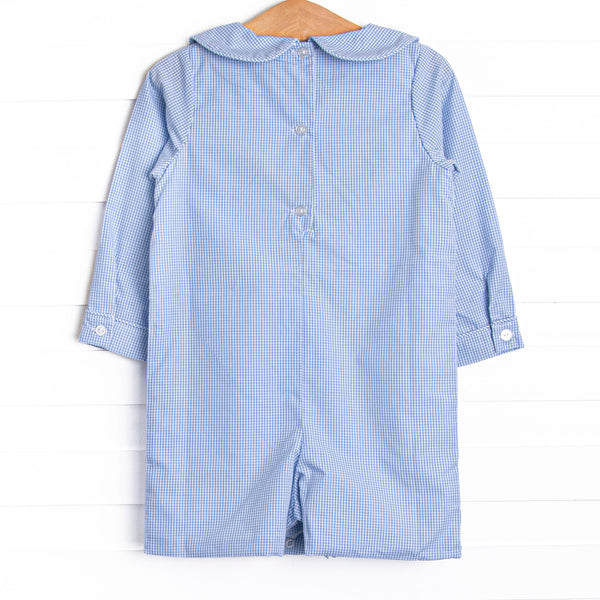 Multicolored Mouse Smocked Short Romper, Blue Gingham
