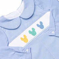 Multicolored Mouse Smocked Short Romper, Blue Gingham