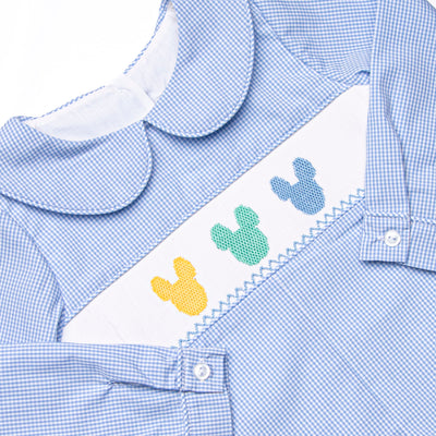 Multicolored Mouse Smocked Short Romper, Blue Gingham